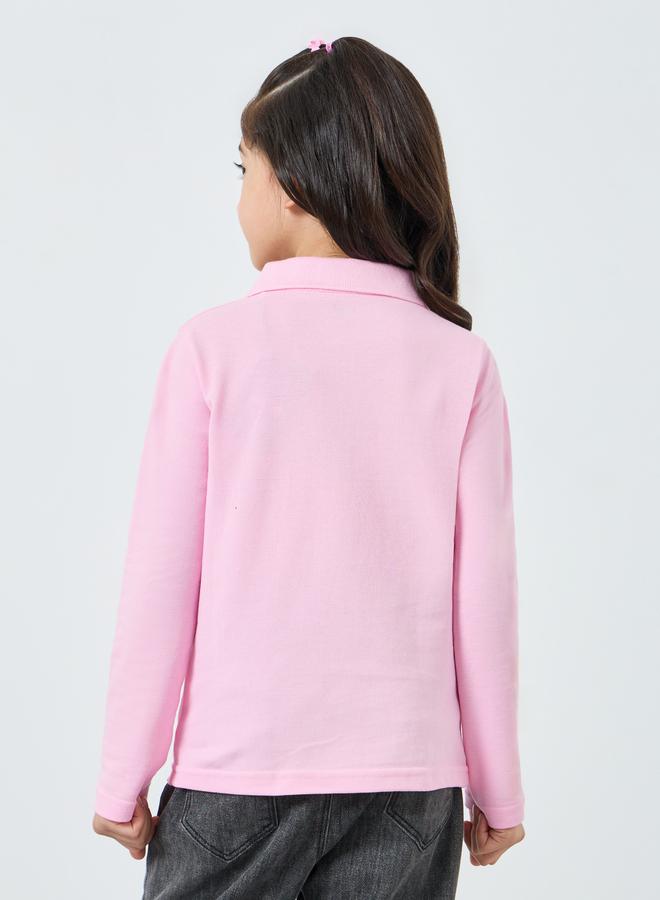 Styli Girls Pink Cotton Long Sleeve Polo T-Shirt - Image 5